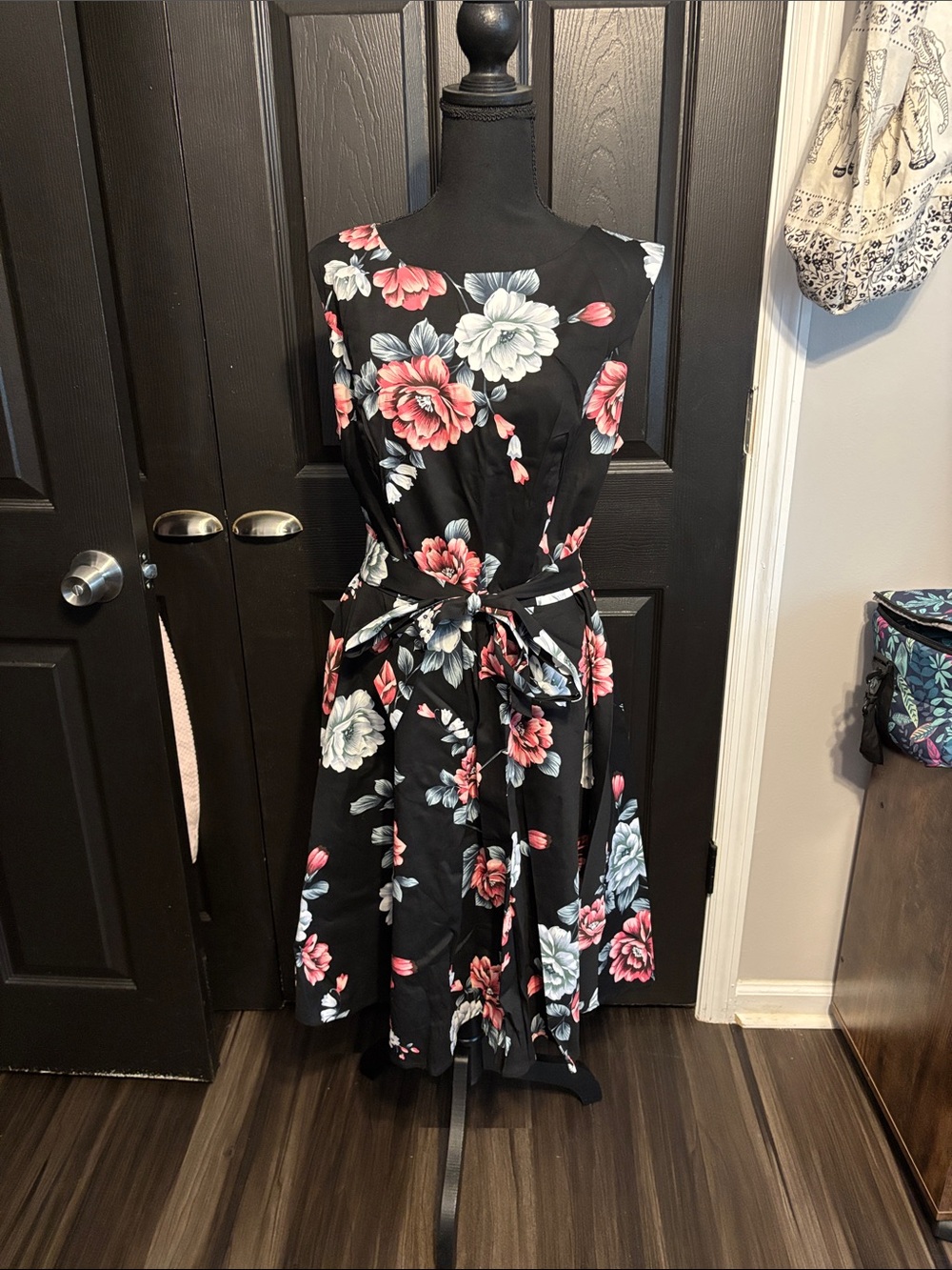 Floral Tie-Waist Sleeveless Dress - Black with Pink & White Blooms